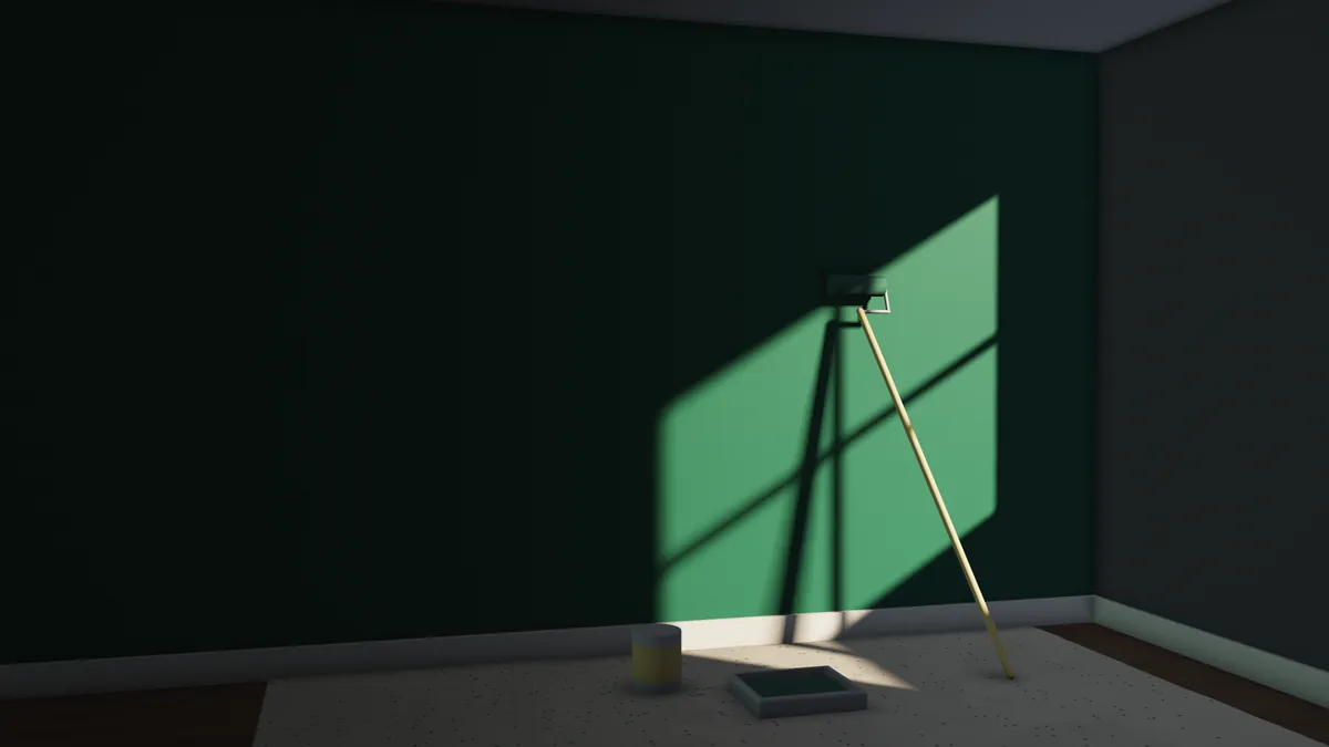 Sample render: afternoon sun through a window falling across a freshly painted forest-green wall, with a roller, paint tray and tin on a drop sheet